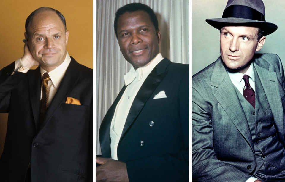 Portrait of Don Rickles + Sidney Poitier standing with an Academy Award + Robert Stack as Eliot Ness in 'The Untouchables'