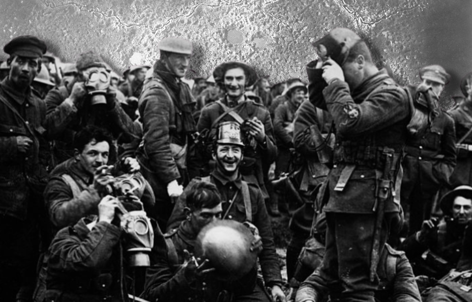 Aerial view of St Eloi + Members of the Northumberland Fusiliers standing together