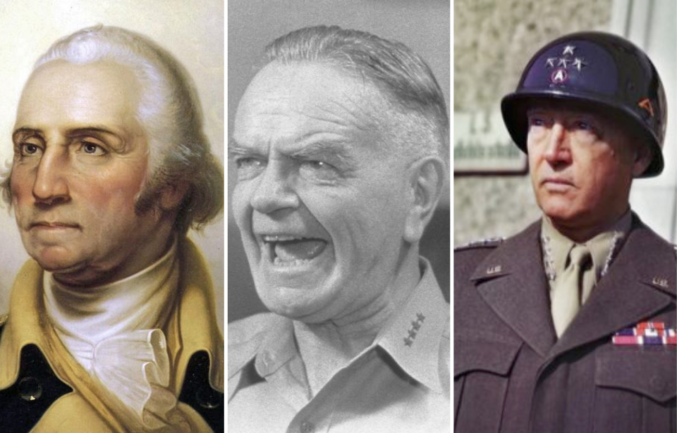 Portrait of George Washington + William Halsey yelling + George Patton in military uniform