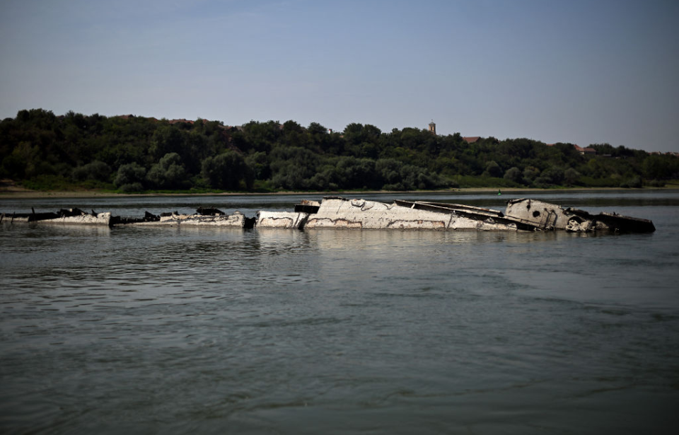 Shipwreck half-submerged in the Danube