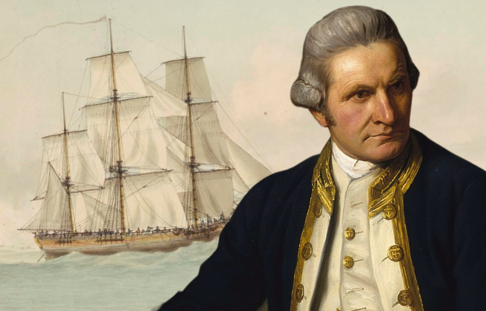 Painting of the HMS Endeavour at sea + Portrait of James Cook