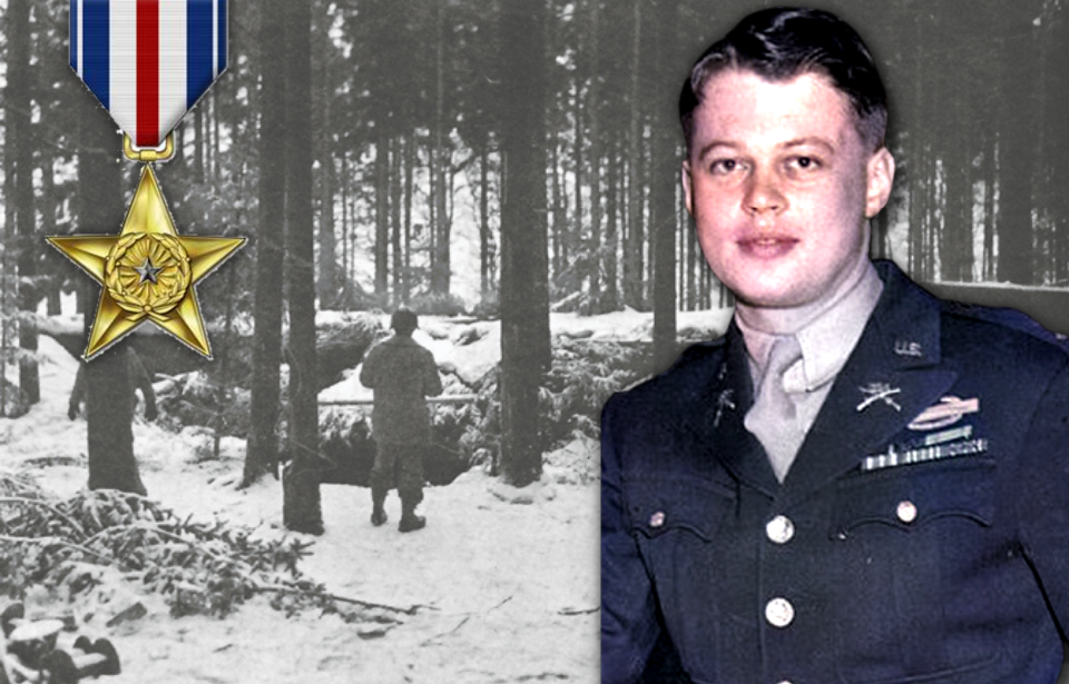 Men standing in the forest during the winter + Silver Star + Lyle Bouck in military uniform