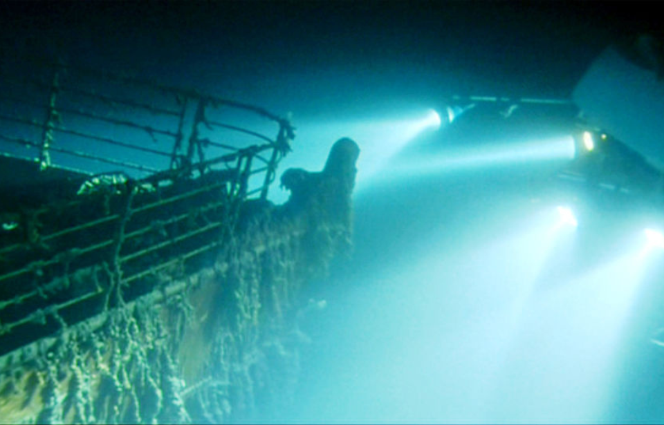 Remotely operated vehicle (ROV) shining lights on the wreck of the RMS Titanic