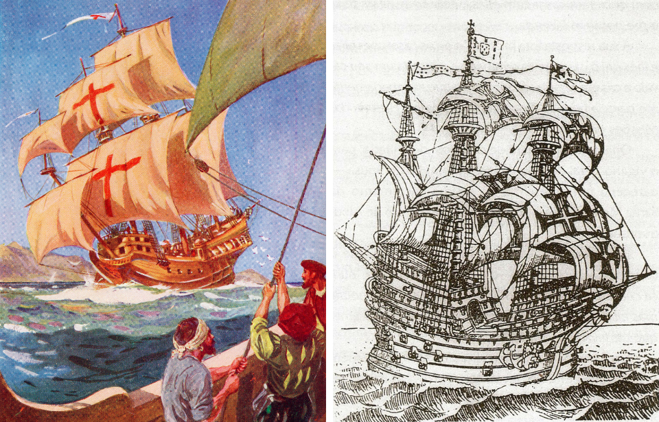 Depictions of the Santa Maria, left, and Flor de la Mar, right.