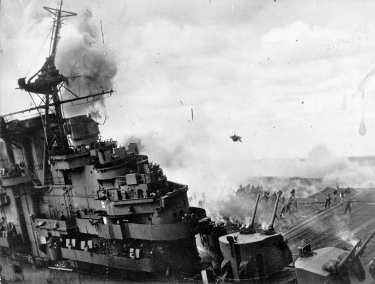 Smoke emanating from the top of the USS Franklin