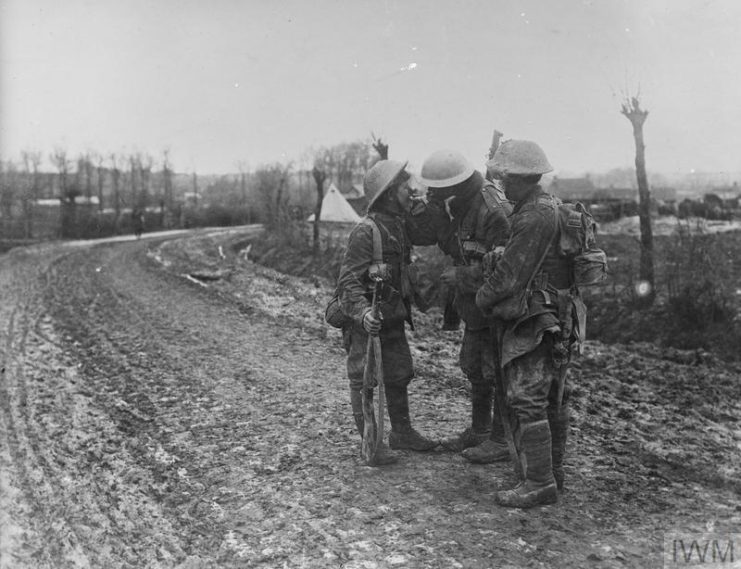 Three privates with the Northumberland Fusiliers, 3rd Division standing in the middle of a dirt road