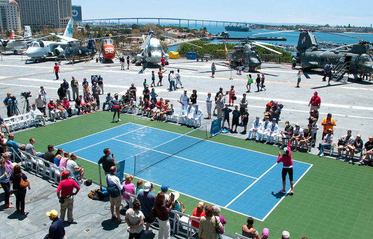 Sloan Stephens and Christina McHale playing an exhibition tennis match