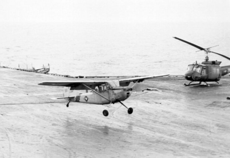 Major Buang Lee landing his Cessna O-1 Bird Dog on the USS Midway (CVA-41)