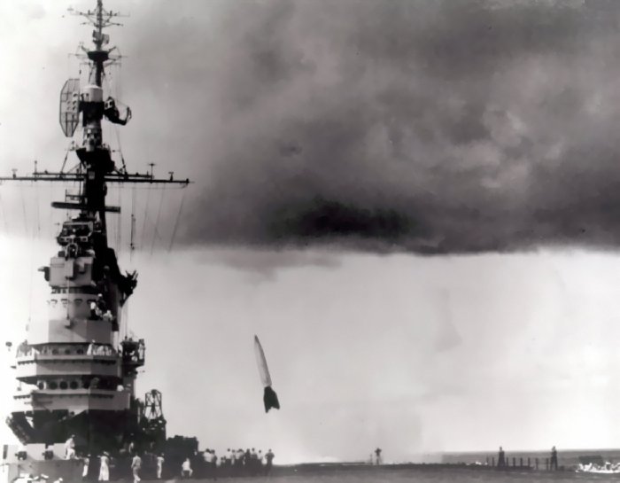 V-2 rocket being launched from the USS Midway (CVB-41)