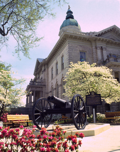 Double-barreled cannon on display outside Athens town hall