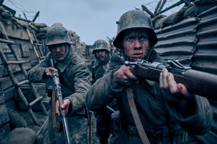 Felix Kammerer, Albrecht Schuch and Edin Hasanović as Paul Bäumer, Stanislaus "Kat" Katczinsky and Tjaden Stackfleet in 'All Quiet on the Western Front'