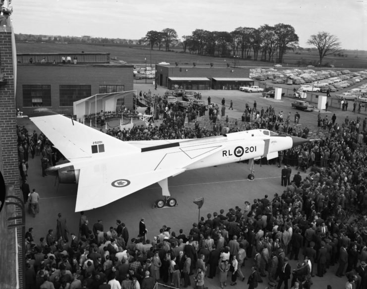 Crowd gathered around an Avro CF-105 Arrow