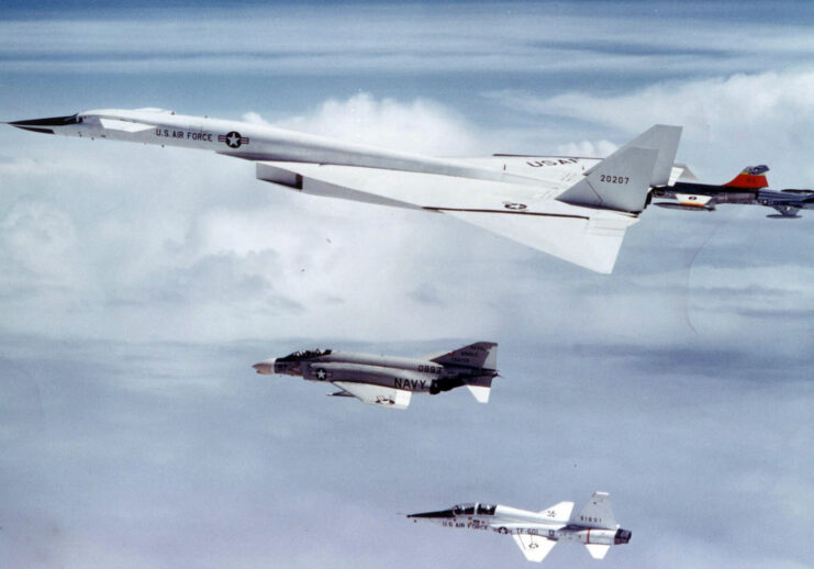 North American XB-70A Valkyrie, Northrop T-38A Talon, McDonnell Douglas F-4B Phantom II and Northrop YF-5A Freedom Fighter in flight