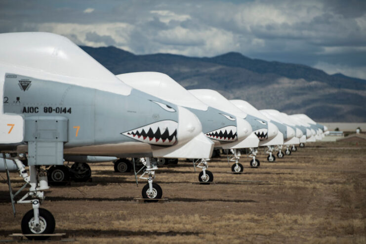 Fairchild Republic A-10 Thunderbolt IIs lined up in the Arizona desert