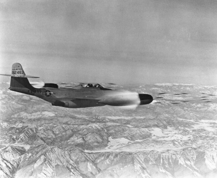 Northrop F-89D Scorpion firing "Mighty Mouse" 2.75-inch folding-fin rockets in flight