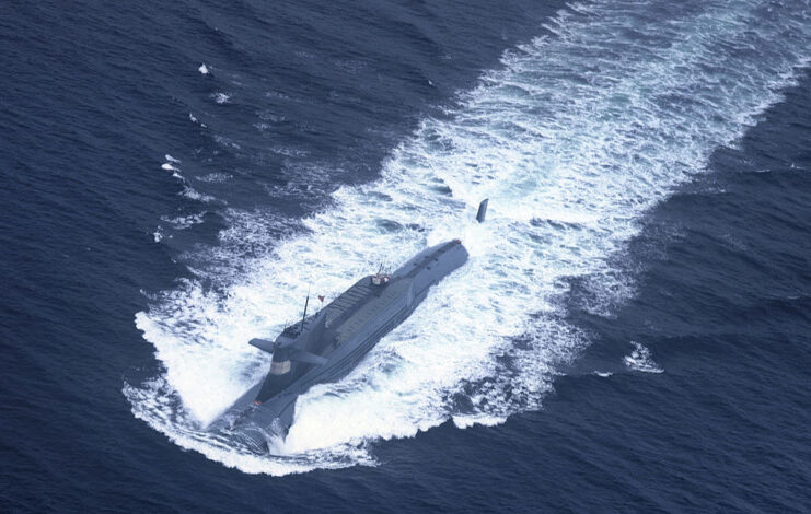 Aerial view of a Chinese nuclear-powered submarine at sea