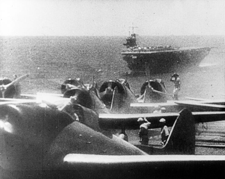 Aichi D3A1s lined up on the flight deck of Sōyrū