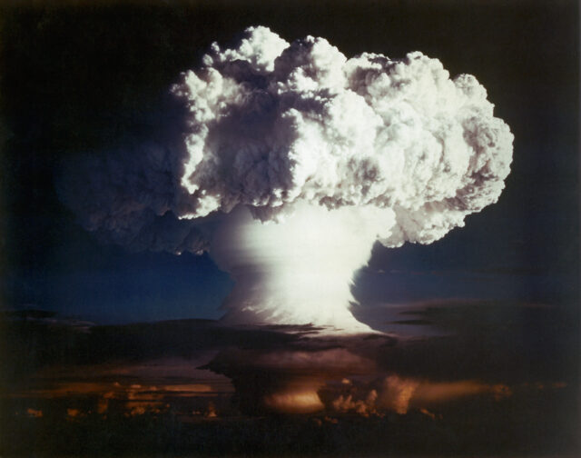 A nuclear bomb mushroom cloud.